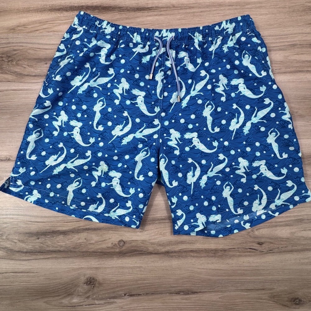 Peter Millar Mens XXL Blue Mermaid Print Swim Trunks Mesh Lined MS16P14